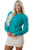 Sea Green Trendy Pattern Knit Ribbed Cuffs Crew Neck Sweater