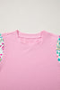 Pink Round Neck Textured Contrast Floral Bubble Sleeve Blouse