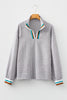 Dark Grey Striped Print Contrast Patchwork Detail Split Neck Blouse