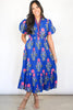 Blue Floral Puff Short Sleeve V Neck High Waist Maxi Dress