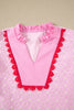 Pink Eyelet Embroidered Flower Texture Contrast Lace Trim Flutter Sleeve Blouse