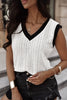 White Contrast Trim Eyelet Knit Colorblock V Neck Sweater Vest