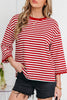 Racing Red Striped Print Drop Shoulder Lace Trim Bracelet Sleeve Loose Top