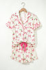 White Floral Print Contrast Pipping Short Pajamas Set