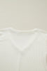 Beige Thermal Knit Lace Ruched Patchwork Long Sleeve V Neck Top