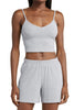 Light Grey 3 Pieces Rib Crop Camisole Matching Shorts Lounge Set with Cardigan
