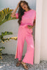 Bonbon Color Contrast Crewneck T Shirt and Wide Leg High Waist Pants Set