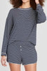 Blue Stripe Drop Shoulder Round Neck Long Sleeve Tee and Buttoned Shorts 2pcs Lounge Set