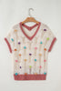 Delicacy Embroidered Flowers Colorblock Edge Hollowed Sweater