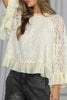 White Sheer Lace Long Sleeve Ruffle Trim Loose Blouse