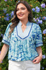 Sky Blue Plus Size Scalloped Trim Floral Short Sleeve Blouse