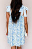 Sky Blue Floral Print Striped Patchwork Bow Knot Straps Mini Dress
