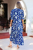 Blue Wild Floral Print Frilled Collar Half Sleeve Long Dress