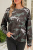 Green Camouflage Print Textured Drop Shoulder Long Sleeve Top