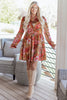 Brown Vintage Floral Print Shirt Style Half Button Long Sleeve Ruffle Mini Dress