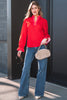 Black Striped Trim Ruffle Split Neck Long Sleeve Blouse
