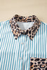Sky Blue Stripe Contrast Leopard Patchwork Long Shirt Dress with Slits