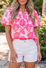 Pink Short Bubble Sleeve Summer Floral Blouse
