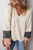 Beige Floral Patchwork Textured Knit Drawstring V Neck Blouse