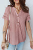 Fushia Textured Embroidered Half Buttons Short Sleeve Blouse