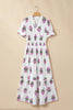 White Floral Print Split Neck Shirred High Waist Ruffle Hem Maxi Dress