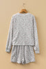 White Spiral Ribbed Floral Print Long Sleeve Henley Top Drawstring Short Set