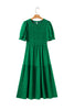 Dark Green Solid Textured Smocked Puff Short Sleeve High Waist Long Dress