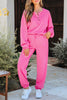 Bright Pink Raw Edge Half Buttons Pullover and Jogger Pants Set