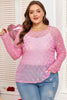 Pink Plus Size Bow Embroidered Mesh Long Sleeve Top