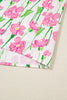 Pink Floral Print Contrast Trim V Neck Double Ruffled Short Sleeve Blouse