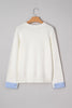 White Plaid Heart Embroidered Cuffed Drop Shoulder Crew Neck Sweater