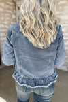 Navy Blue Ruffle Raw Hem Flap Pockets Denim Jacket