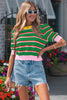 Green Stripe Colorblock Trim Half Sleeve Sweater Top