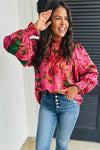 Rose Abstract Print Frilly Neckline Puff Sleeve Blouse