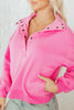 Bright Pink Half Button Stand Neck Drop Shoulder Sweatshirt