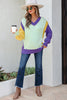 Green Stitched V Neck Color Block Knitted Drop Shoulder Sweater