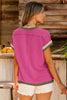 Rose Red Textured Contrast Trim Round Neck T Shirt