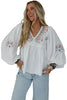 White Flower Lace-up V Neck Babydoll Blouse