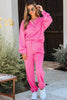 Bright Pink Raw Edge Half Buttons Pullover and Jogger Pants Set