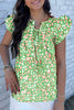 Green Abstract Leopard Tied Front Flutter Sleeve Blouse