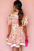 Pink Color Block Floral Print Contrast Trim V Neck Ruffle Hem Mini Dress
