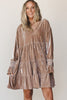 Smoke Gray Solid Color V Neck Velvet Tiered Long Sleeve Dress