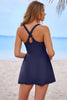Navy Blue Contrast Edge Ruffled High Waist One Piece Swim Dress