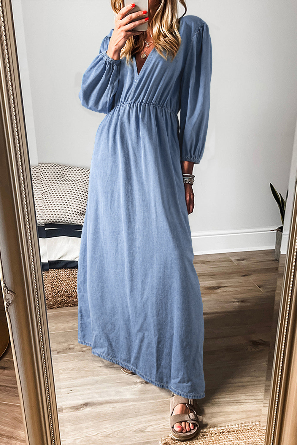 chambray denim maxi dress Myosotis Chambray Deep V Neck Bracelet Sleeve Maxi Dress Myosotis / L / 100%Cotton