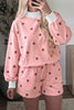 Brown Polka Dot Ribbed Trim Long Sleeve Top Casual Short Set