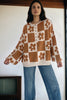 Black Flower Plaid Henley Baggy Sweater
