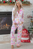 Pink Striped Bow Print Contrast Piping Trim Shirt and Pants 2pcs Pajama Set