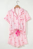 Pink Bow Print Contrast Pipping Short Pajamas Set