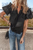 Black Ruffled Puff Short Sleeve Loose Blouse