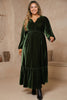 Blackish Green V Neck Long Sleeve Velvet Loose Fit Plus Size Dress